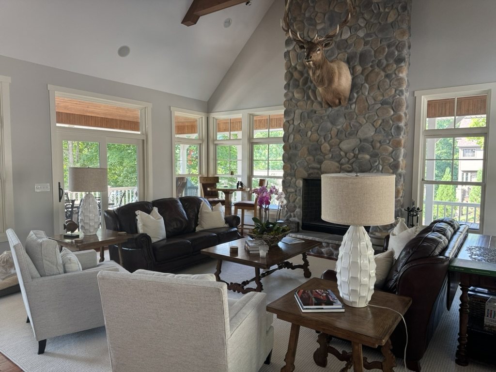 Great room seating around the fireplace